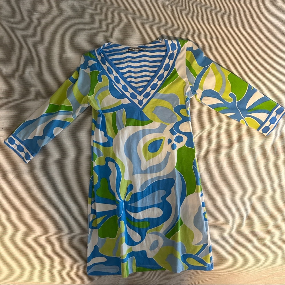 Blue and Green Floral V-Neck Dress